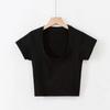 Camiseta de manga corta con cuello redondo profundo y cintura alta para mujer, estilo europeo y americano, con abertura en el ombligo.