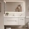 Gabinete de banheiro estilo cream de luxo leve com cuba integrada de cerâmica, conjunto de gabinete de banheiro com espelho inteligente e lavatório