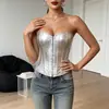 Moda feminina top corpete de PU prateado com estampa de espinha de peixe, top justo que afina a cintura, bustiê strapless com amarração frontal emagrecedor