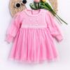 Primavera Nuevo Estilo Coreano Categoría a Vestido de Niña Bebé Niña Rosa Floral Manga Larga Malla Vestido de Princesa