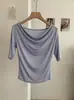 Camiseta Kekezoon de Lyocell Tencel con Cuello Drapeado y Mangas de Tres Cuartos, Nuevo Estilo de Verano, Corte Ajustado, Top de Manga Media 8224