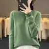 Suéter 100% Lã Pura para Mulheres, Novo Estilo Outono e Inverno, Cor Sólida, Suéter de Tricô Simples Pulôver, Top Base Soltinho, Versátil