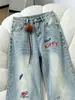 ChaoLi tiene en stock jeans bordados de gatito para mujer, pantalones de pierna ancha hasta el suelo de diseño holgado de cintura alta para otoño