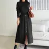 2023 Nuevo Vestido de Punto con Abertura Lateral Estilo Europeo y Americano Francés de Longitud Media Cuello Redondo Moda Femenina Temperamento Casual