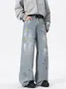 Jeans de estilo americano con salpicaduras de pintura para hombre, pantalones retro holgados de pierna ancha para la calle de verano, pantalones rectos de marca de moda con grafiti
