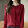 Cardigan de Lã Fina Tricotado com Strass e Gola Redonda, Estilo Novo para Primavera e Outono de 2026, Cor Sólida, Caimento Solto, Versátil, Tricô