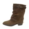 Calças Plissadas Empilhadas Bico Apontado Salto Grosso Western 2026 Botas de Cano Curto Femininas Nova Fivela Moda Retro Botas com Cinto
