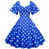C Comércio Exterior Moda Feminina Estilo Ocidental Retrô Nova Chegada Estilo Viagem Vestido para Reunião Anual Bainha Ondulada Manga Curta Poá Comprimento Midi Saia de Grande Balanço