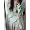 Roupa Feminina de Proteção Solar Verde Fina Roupa de Verão Levemente Transparente Top Solto Bainha Dobrada Camiseta Base Versátil Cobertura para Ar Condicionado