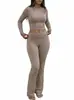 Conjunto casual de dos piezas para mujer de moda transfronteriza europea y americana con cuello redondo, mangas largas, pantalones acampanados de cintura alta y atuendo deportivo para mujer