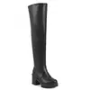 Botas longas femininas versáteis para outono e inverno, botas de cano alto tamanho grande, bico redondo, sola grossa, plataforma impermeável, salto quadrado, botas femininas transfronteiriças