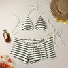 2027 Nuevo Traje de Baño Clásico de Rayas de Dos Piezas Transfronterizo Estilo de Lazo en el Cuello Halter Braguitas Triángulo Calzoncillos Boxer Conjunto de Bikini