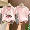 Camiseta base de manga larga tipo dos piezas para niña, nuevo estilo primavera/otoño 2026, camiseta de algodón puro con cuello redondo, corte holgado para niños mayores