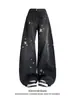 Jeans feminino retro americano com estampa de estrelas e barra curva, design de rua de verão, calça longa larga e solta com caimento.
