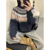 Suéter Jacquard Fair Isle Outono e Inverno para Mulheres, Tricô Color Block Gola Redonda, Peça Superior Macia Estilo Preguiçoso Quente e Aconchegante Vintage