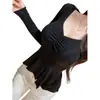 Ropa de Mujer de Comercio Exterior Elegante Top de Cuello en V Cintura Fruncida Realzador de Busto Otoño Nuevo Dobladillo con Volantes Versátil Adelgazante Camiseta de Manga Larga