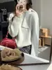 Tricô Cinza Retrô Coreano Suave com Gola Alta e Alças Novo Estilo Outono e Inverno 2025 Tricô Preguiçoso de Barra Alta