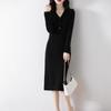 Vestido de Lana con Botones, Cuello en V, de Longitud Media para Mujer, Vestido Suéter de Punto para Otoño e Invierno con Diseño de Botones Sencillos y Falda Larga por Dentro