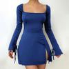 Vestido Corto Rojo Cuadrado de Primavera y Verano de Estilo Europeo y Americano, de Cintura Alta, Versátil, Línea A, con Abertura, para Mujer