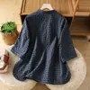 Camisa Superior Simple de Moda Verano 2026 para Mujer, Cuello Alto Recto Holgada de Manga Tres Cuartos a Cuadros Retro