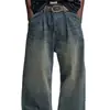 Jeans retrô americano com lavagem e aspecto desgastado, padrão favo de mel e bigode de gato, para homens, corte cleanfit casual solto reto perna larga calça comprida