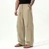 Ropa de Hombre Transfronteriza Primavera y Otoño Pantalones Casuales para Hombre Talla Europea y Americana Color Sólido Lino Pantalones Largos Absorbentes de Sudor Transpirables Pantalones de Pierna Ancha para Hombre