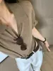 Camiseta de Tricô Cinza de Manga Curta para Mulheres, Camisa Polo Fina de Verão, Estilo Old Money, Top de Nicho Não Colidente