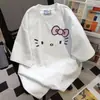 Camiseta de Manga Corta con Estampado de Gatito Estilo Universitario Dulce Verano Oversize Holgada Nicho Superior Blanco para Mujer