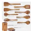 Novos Utensílios de Cozinha de Madeira de Acácia Natural Espátula de Cozinha de Madeira Cabo Longo Espátula com Fendas Antiaderente Conjunto de Utensílios de Cozinha Transfronteiriço