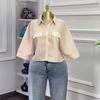Roupas Femininas Transfronteiriças Europeias e Americanas 2025 Nova Moda Outono Gola Lapela Listrada Versátil Solta Curta Casual Camisa Tops