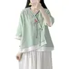 Nueva camisa estilo chino con tapeta diagonal y cierre de botones, mezcla de algodón y lino de verano para mujer, diseño Hanfu modernizado, vestido tipo túnica inspirado en el Zen, top estilo étnico, adecuado para figuras petite