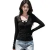 Blusa elegante para mujer, estilo chica picante, con encaje patchwork, manga larga, cuello en V, tie-dye, fruncida, corte ajustado