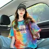 Camiseta Holgada de Algodón Puro de Longitud Media con Estampado de Letras a la Moda para Mujer Verano 2026 Top Casual Adelgazante Colorido con Degradado