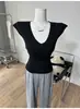 Top de Punto de Manga Corta con Cuello en V Grande, Camisa Base Ajustada, Nuevo Estilo Primavera/Verano, Negro, Talla Única, Blanco, Rosa, Patrón de Olas