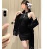 Traje Sexy para Mujer en Otoño, Chica Pura Lusty Caliente con Cárdigan Chal, Conjunto de Dos Piezas Vestido con Escote Halter y Encaje Calado