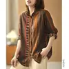 Camisa base de otoño para mujer, nueva, estilo vintage, talla grande, casual, corte holgado, estampada, adelgazante, algodón y lino, manga larga