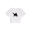 Nova Camiseta de Verão Cinza com Gola Redonda e Manga Curta para Mulheres com Estampa de Gato Cartoon Top Curto Slim Fit Hot Girl