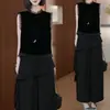 Traje de Mujer Personalizado Estilo Chino Nuevo para Verano 2026, Elegante Top sin Mangas con Parches de Encaje, Pantalones de Pierna Ancha Adelgazantes