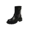 Hebilla de cinturón estilo coreano, botas estilo Martin con suela de plataforma, colección de invierno 2026, tacón medio grueso, punta redonda, caña corta, botines elásticos de piel de vaca para mujer