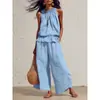 Conjunto de Duas Peças Feminino Transfronteiriço Europeu e Americano da Amazon, Blusa sem Mangas Fluida de Cor Sólida, Conjunto Elegante e Moderno de Calças Longas, Novo Estilo