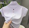Nova Estilo Outono Inicial 2025 Camiseta Feminina Manga Curta Gola Alta Pequena Camisa Fashion para Camada Interna com Mangas Volumosas Top Curto