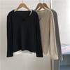 Playera de Manga Larga Tejida de Estilo Coreano con Cuello en V Falso de Dos Piezas para Mujer, Camisa Femenina con Cuello en V para Capas Internas, Versátil Top Camiseta Base para Mujer