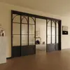 Puerta corredera de tres paneles negra retro estilo francés para cocina, sala de estar y balcón, puerta móvil de vidrio de aleación de aluminio