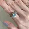 Anillo de Plata con Zafiro Azul Oceánico y Diamantes Apilado, Anillo Abierto de Doble Bola, Anillo Liso Cepillado, Anillo (Mismo Estilo que Xiaohongshu)