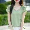 Diretamente do Fabricante: Camisa Base Versátil Feminina de Lã Fina com Decote V de Manga Curta para Primavera/Verão, Malha Simples e Elegante no Atacado