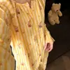 Novo Conjunto de Pijama Duas Peças Cardigan Listrado com Gola Redonda para Meninas, Primavera e Outono, Roupa de Casa Fofa de Aluno Estrela
