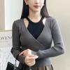 Suéter de Punto Patchwork Hombros Descubiertos Estilo Puro Deseo con Patrón de Cangrejo de Cinco Paneles para Mujer, Nuevo Top Delgado de Manga Larga Estilo Coreano para Primavera y Otoño