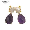 WT-E696 Pendientes Medianos de Estilo de la Corte China con Piedras de Colores y Perla de Agua Dulce para Mujer, Pendientes para el Viaje Diario