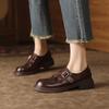 Zapatos de piel de vacuno de altura completa, estilo británico, con borlas, primavera 2025, tacón medio grueso, punta redonda, de cuero, boca profunda, de una sola capa para mujer