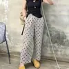 Pantalones casuales rectos finos de verano, cintura alta elástica, corte ajustado, versátiles, de nueve puntos, con lunares, de algodón y lino, de pierna ancha para mujer